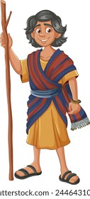 Cartoon of a cheerful young shepherd holding a staff