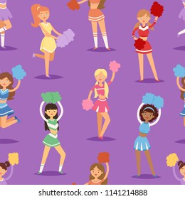 Cartoon cheerleaders girls sport fan dancing cheerleading woman team uniform characters vector illustration seamless pattern background