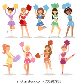 Cartoon cheerleaders girls sport fan dancing cheerleading woman team uniform characters vector illustration