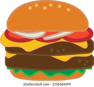 Cartoon Cheese Big Burger Icon And Sticker. Burger With Lettuce, Tomato, Cheese And Hamburg Steak. National Hamburger Day Vector, Illustration, EPS10