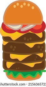 Cartoon Cheese Big Burger Icon And Sticker. Burger With Lettuce, Tomato, Cheese And Hamburg Steak. National Hamburger Day Vector, Illustration, EPS10