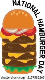 Cartoon Cheese Big Burger Icon And Sticker. Burger With Lettuce, Tomato, Cheese And Hamburg Steak. National Hamburger Day Vector, Illustration, EPS10