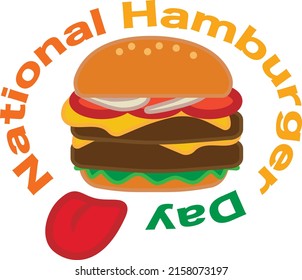 Cartoon Cheese Big Burger Icon And Sticker. Burger With Lettuce, Tomato, Cheese And Hamburg Steak. National Hamburger Day Vector, Illustration, EPS10