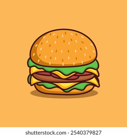 Cartoon cheese Burger illustration isolated on yellow background. Flat style Fast food clip art. Restaurant food menu sign and symbol. Western, Mexican, Asian food illustration.