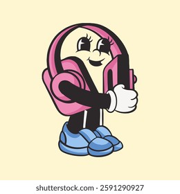 Cartoon cheese character with pink headphones, smiling, holding a game controller. Cute cheese design with headphones, controller, and shoes. Fun and playful illustration. Vector illustration.