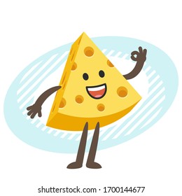 Cartoon Cheese Character showing a okay hand sign. Vector Illustration.
