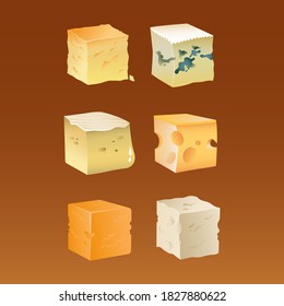Cartoon cheese cubes. Set of different pieces of cheese.