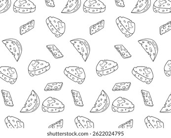Karikatur Käse doodle nahtlose Muster für Hintergrund und Verpackung. Vektordesign. Verschiedene Käse-Design-Tapete. Variety of cheese icon. Käsemuster-Hintergrund-Set. Sammlungssymbol.