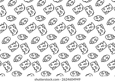 Cartoon Cheese doodle seamless pattern for background and packaging. Vector design. Various cheese design wallpaper. Variety of cheese icon. Cheese pattern background set. Collection wrapper.