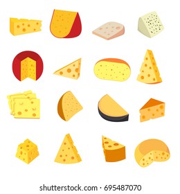 Cartoon cheese icons set. Templates of different types of fresh cheesy products. Isolated. Vector