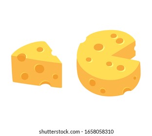 Cartoon cheese illustration. Triangle piece, cut out of wheel of cheese. Simple and cute flat vector style icon.