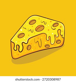 Ilustración de queso de dibujos animados en estilo Vector con color amarillo brillante, queso fundido tentador, agujeros de queso característicos y sombras suaves, adecuado para diseños de alimentos, íconos y carteles
