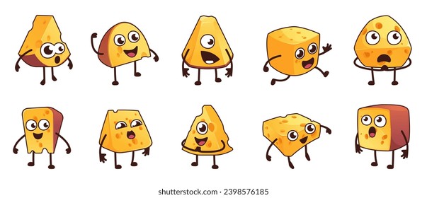 Cartoon cheese mascot. Cute kawaii food characters with different emotions, happy sad angry cute person for dairy products packaging. Vector set. Funny cheddar with arms and legs, fresh food