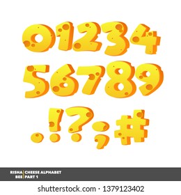 Cartoon cheese number set. Creative comic font. Numbers for kids' illustrations. Font made of chees. Typography vector illustration.