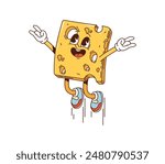 Cartoon cheese slice retro groovy breakfast character. Isolated vector dairy piece of cheese jumping with expressive eyes and giving playful peace hand gesture. Cheerful funky cheesy personage