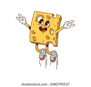 Cartoon queso rebanada retro groovy desayuno carácter. Vector aislado pedazo de queso lechero saltando con ojos expresivos y dando juguetón gesto de la mano de la paz. Alegre personaje cursi funky