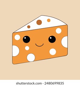 A cartoon cheese slice with a smiley face on it. The cheese slice is orange and has white dots on it

