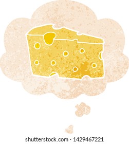 quesos de dibujos animados con burbuja de pensamiento en un estilo retro angustiado con textura gruesa