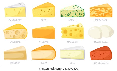 Cartoon cheese types. Cheese triangles, cheddar, brie, mozzarella, parmesan, camembert and brick. Tasty cheese vector illustration set. Parmesan and mozzarella, cheddar cheese triangle