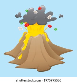 Cartoon of a cheese volcano erupting pizza ingredients