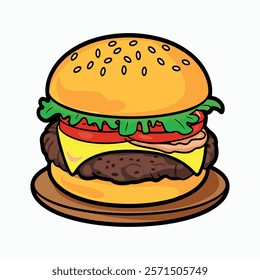 Cartoon Cheeseburger or Hamburger icon vector illustration isolated on white background. Hamburger design for fast food menu. Flat style.