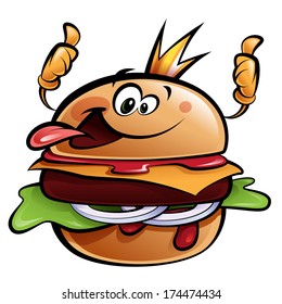 Cartoon cheeseburger king making a thumbs up gesture wearing a crown and sticking out tongue