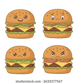Cartoon cheeseburgers with expressive faces showing emotions like happy, sad, upset, and angry, with lettuce, tomato, and cheese layers.