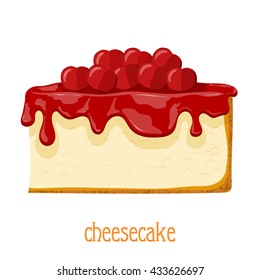 Pastel de caricatura. Pastel de queso de color claro con fondo blanco. Aislar. Vector ilustración de dulces - tarta de queso con cerezas. Vector de existencias