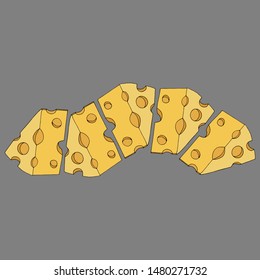 Cartoon cheeses pattern for printing in books. Vector illustration of a pieces of porous yellow cheeses is hand-drawn on a grey background.0