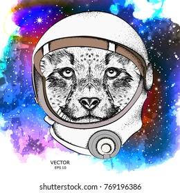 A cartoon cheetah in an astronaut's space suit. Character in space. Vector illustration