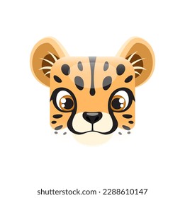 Cartoon cheetah cub kawaii square animal face. Isolated baby leopard head or muzzle with dotted fur. Vector jungle character portrait, app button, icon, graphic design element