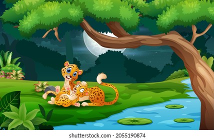 Caricatura con costillas al borde del río por la noche