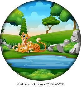 Cartoon cheetah with cubs in round frame