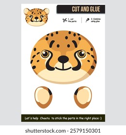 Cartoon cheetah cutout and gluing activity for kids. Fun educational craft.