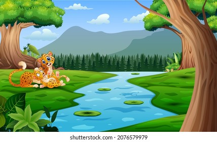 Cartoon cheetah with her cub playing by the river