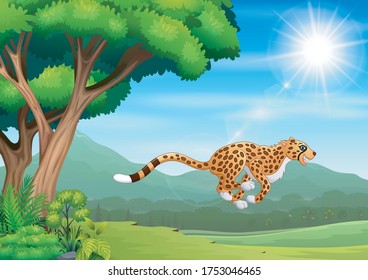 Cartoon cheetah jumping in the nature landscape