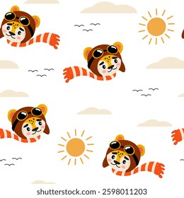 Cartoon Cheetah Pilot Pattern with Sunglasses and Sun