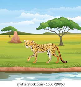 Cartoon cheetah in the savannah