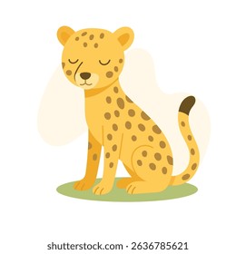 Cartoon cheetah sitting on grass with eyes closed, peaceful pose and stylized spots highlight charm and gentle expression for educational or playful content.
