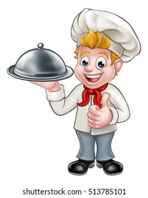 Cartoon chef or baker character giving thumbs up and holding a plate cloche domed tray