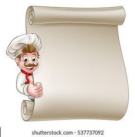 Cartoon chef or baker character giving thumbs up and peeking around sign or scroll menu