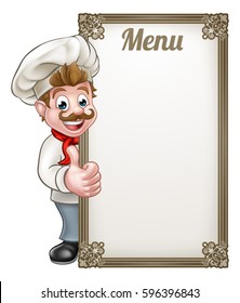 Cartoon chef or baker character giving thumbs up with menu sign board