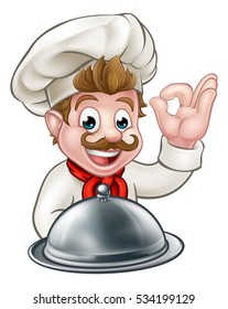 Cartoon chef or baker character holding a silver cloche food meal plate platter and giving a perfect okay delicious cook gesture