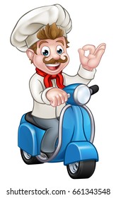 Cartoon chef or baker character riding a delivery moped motorbike scooter and giving a perfect okay delicious cook gesture