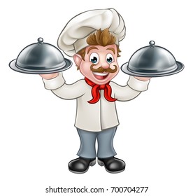 Cartoon chef or baker holding a silver cloche food meal plate platter tray