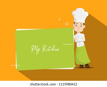 Cartoon Chef with blank banner Flat Vector Illustration Design