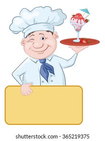 Cartoon Chef with a Blank Poster for the Inscription and Strawberry Ice Cream. Eps10, Contains Transparencies. Vector