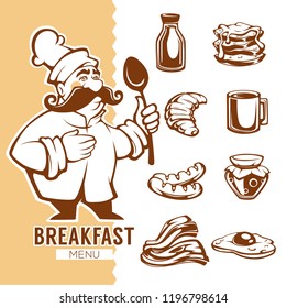 cartoon chef and breakfast food menu, linear objects collection