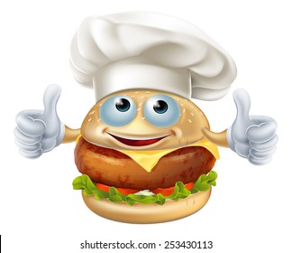 Cartoon chef burger mascot character doing a double thumbs up