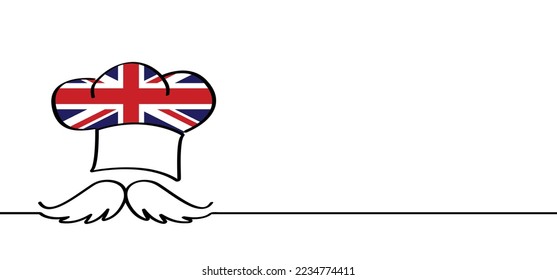 Cartoon chef cap with mustache and England flag. Chef hat or cap. Kitchen cook or cooking hat. Vector menu logo or icon. Britain, English cuisine bakery. Baker symbol. Chef cap. Union Jack logo
